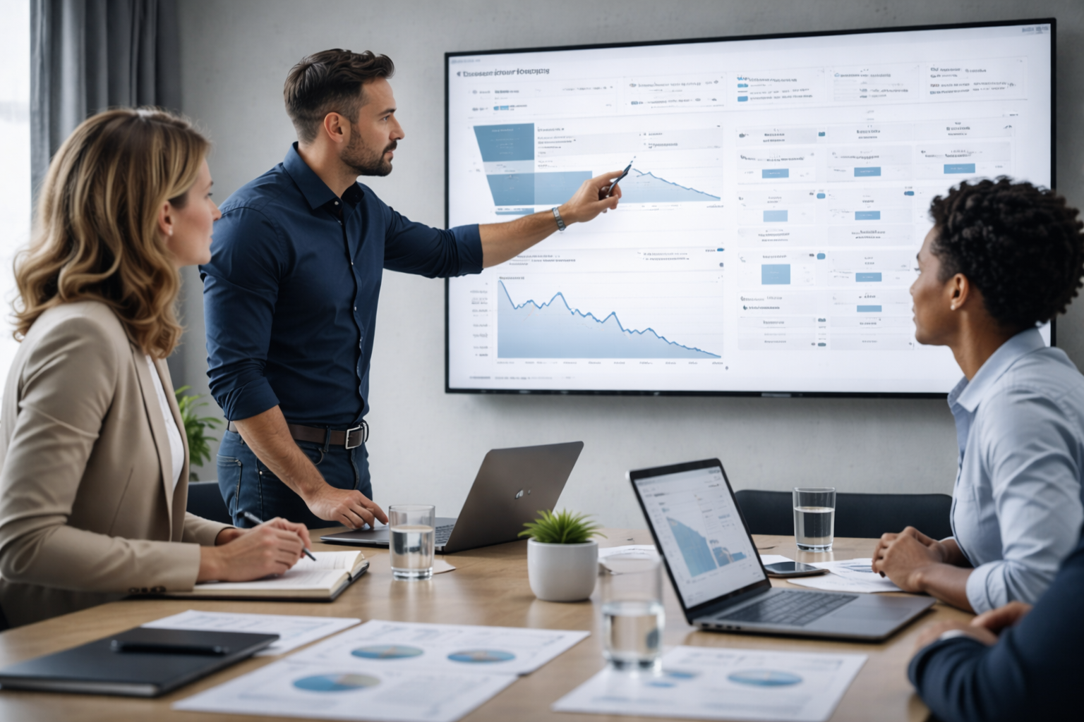Executive team reviewing user journey analytics and engagement drop-off points in a modern conference room